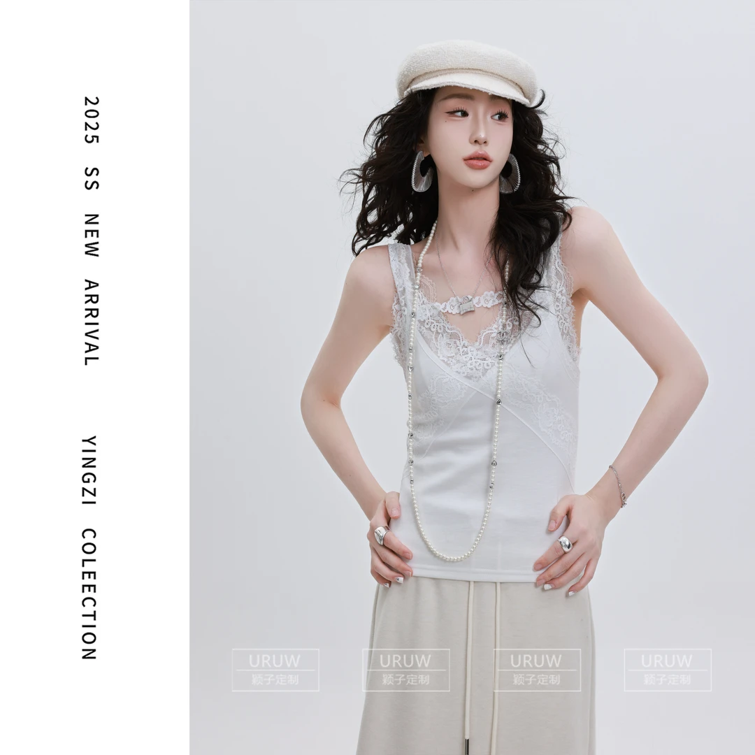 时尚百搭蕾丝拼接磨毛美背女气质休闲外搭美背6731