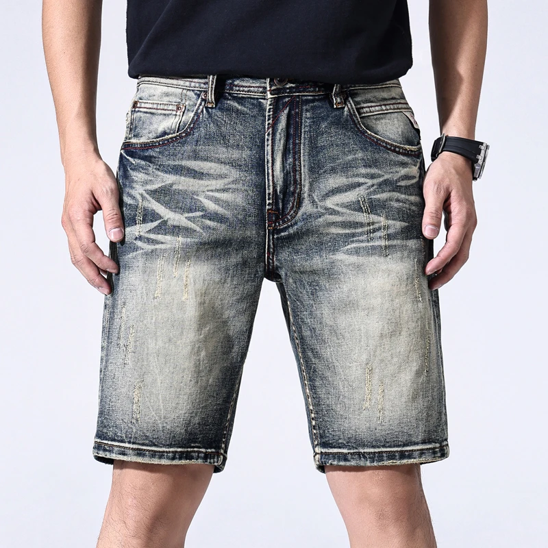 欧美高端夏季牛仔短裤男士高街牛仔中裤弹力复古休闲风牛仔五分裤