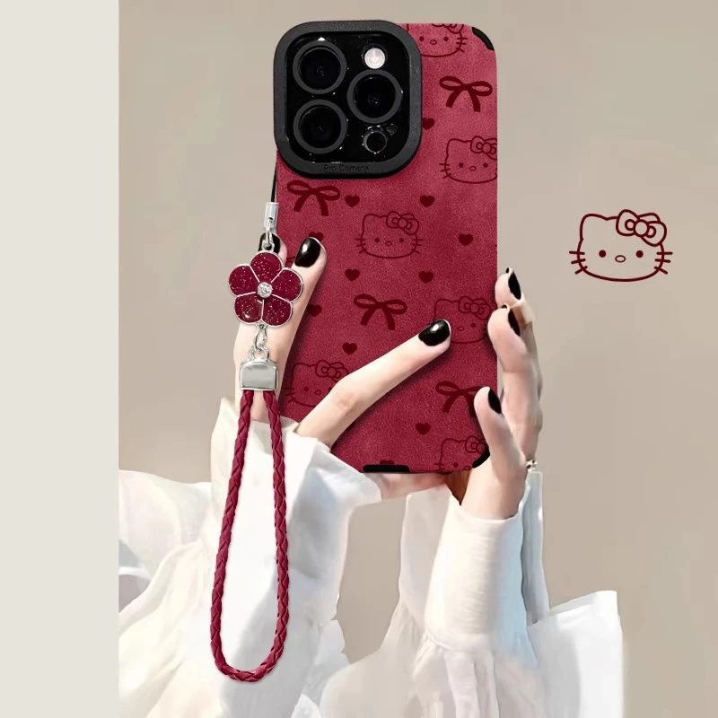 蝴蝶结kt猫手链适用苹果16翻毛皮华为高级OPPO小米VIVO手机壳新款