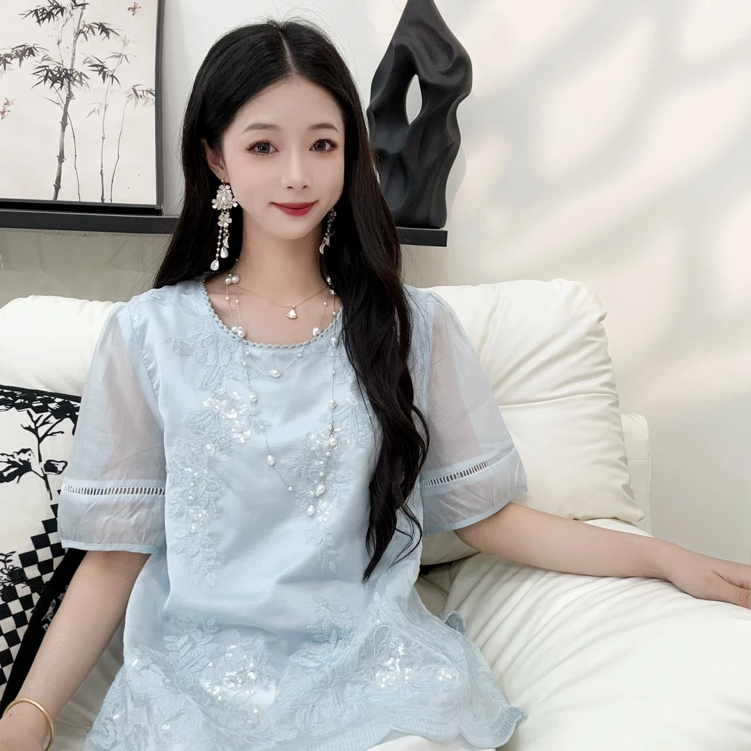 【甜心】新中式刺绣新款宽松圆领衬衫上衣小衫