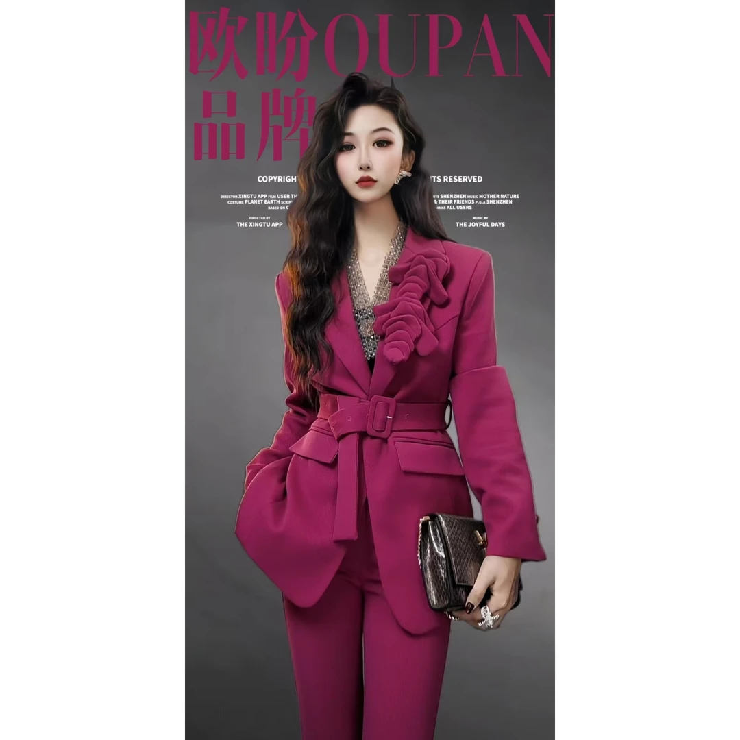OUPAN 欧盼 深圳南油原创 立体花朵收腰西服外套阔腿裤两件套969