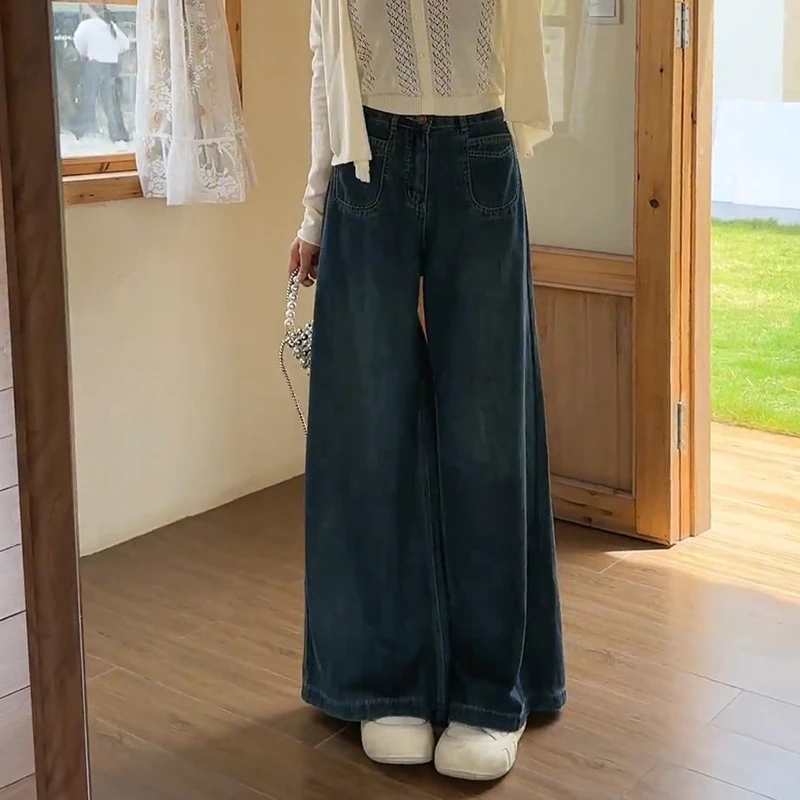 【MissQ原创】复古蓝牛仔裤慵懒风胖mm遮肉显瘦宽松高腰垂感阔腿裤