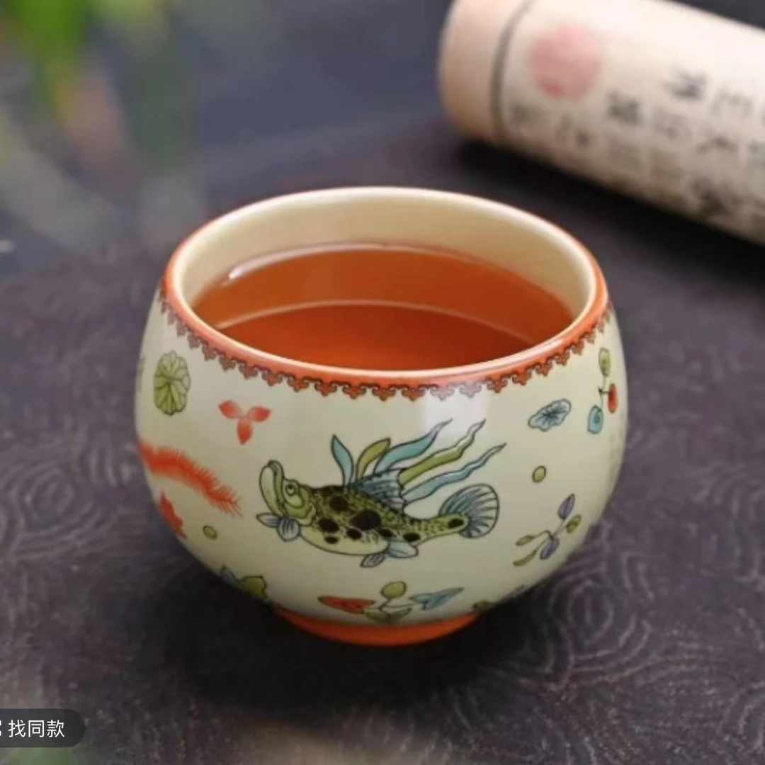 单杯-汝窑鱼藻纹（带刺绣包包）@221