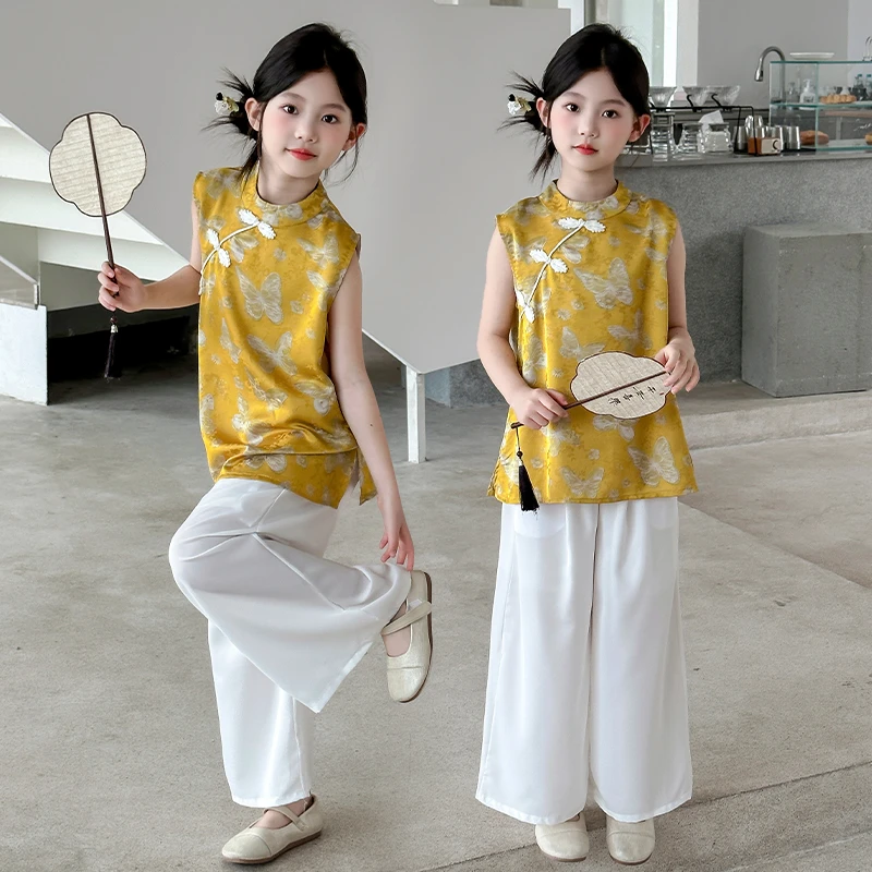 女童2025新款夏季时尚新中式旗袍上衣休闲阔腿裤女孩国风两件套潮