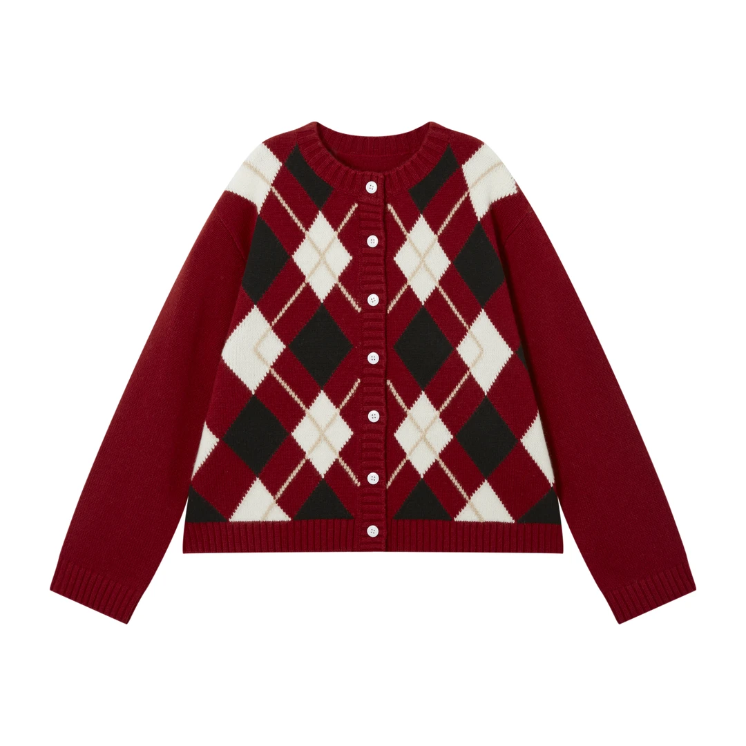 百搭纯羊绒圆领菱形格开衫外套BM00244