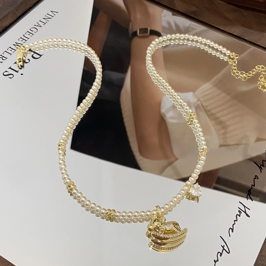 铜合金项链 （T）镀K金  木马骑士  爱心珠珠项链X8500