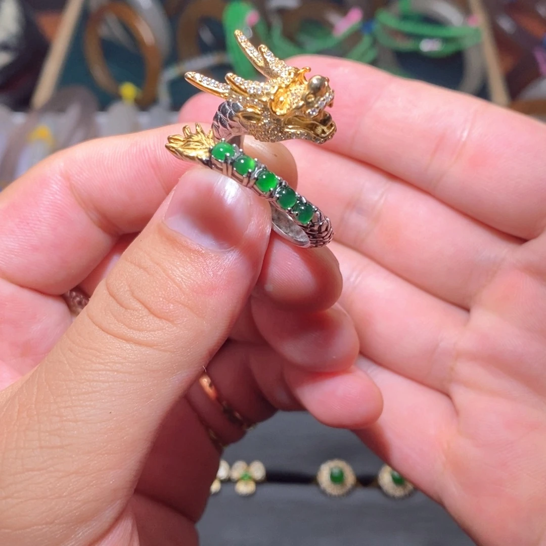 翡翠戒指银S925镶嵌08大龙戒