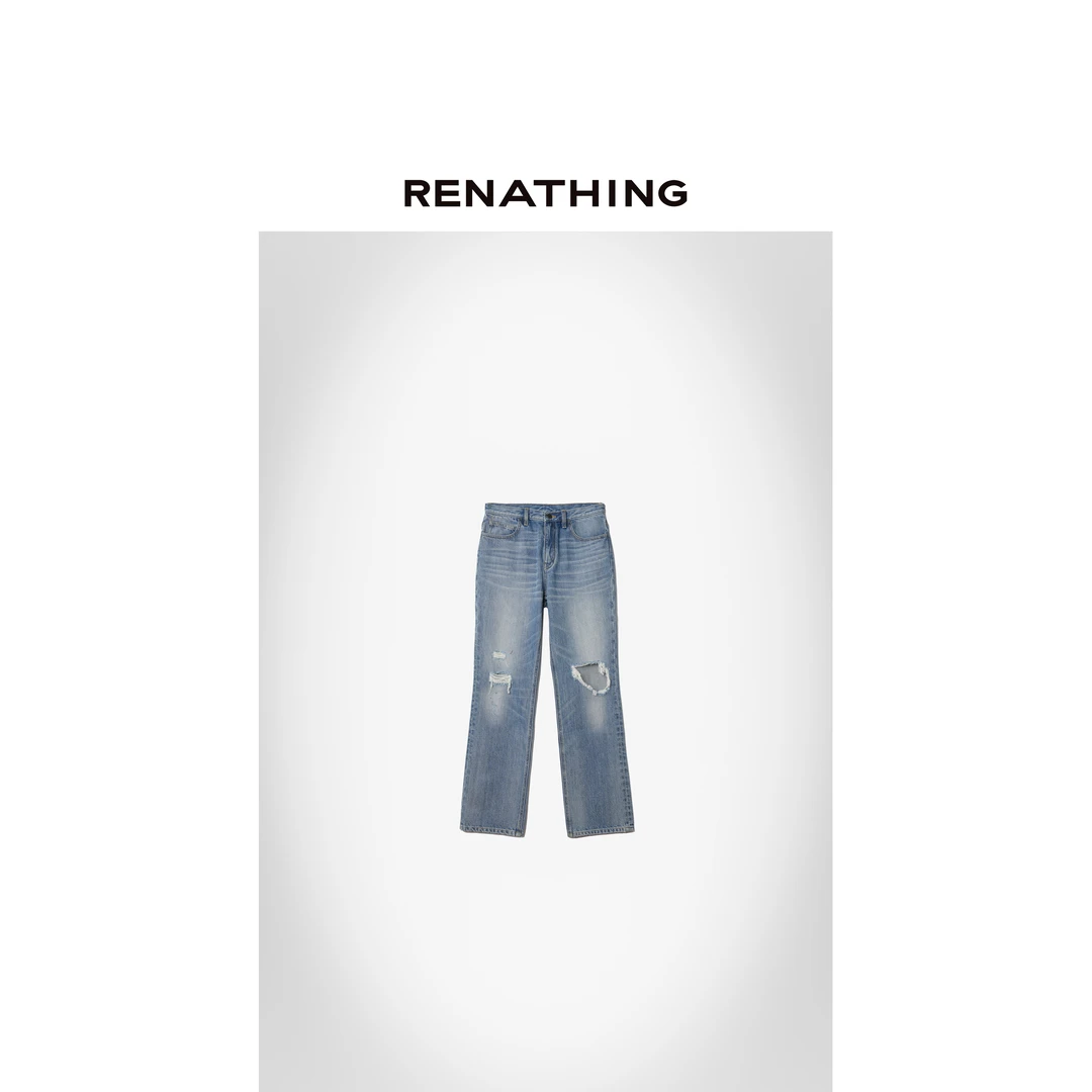 【RENATHING】复古猫须破洞牛仔裤