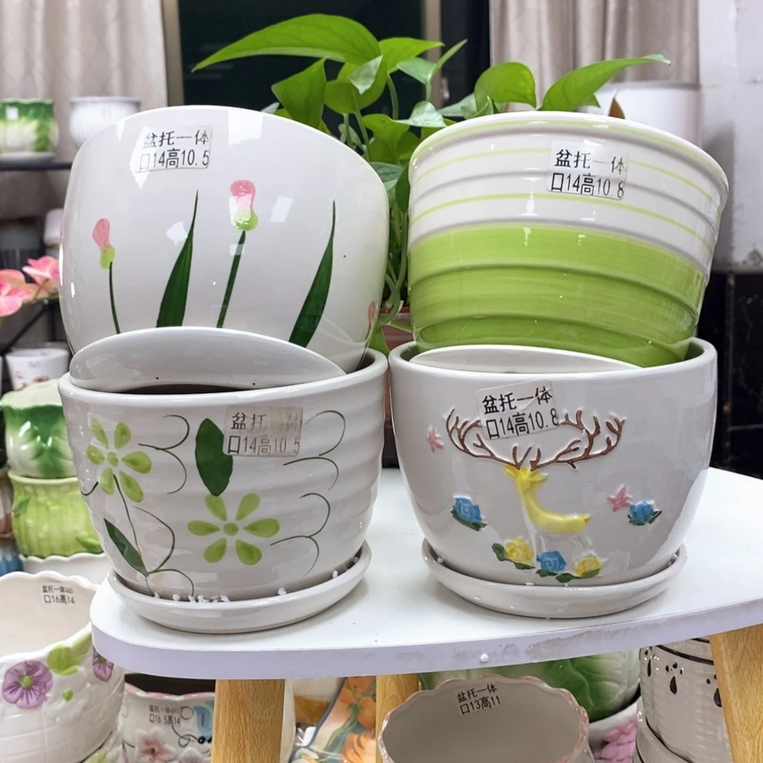 @陶瓷花盆@@四个手绘