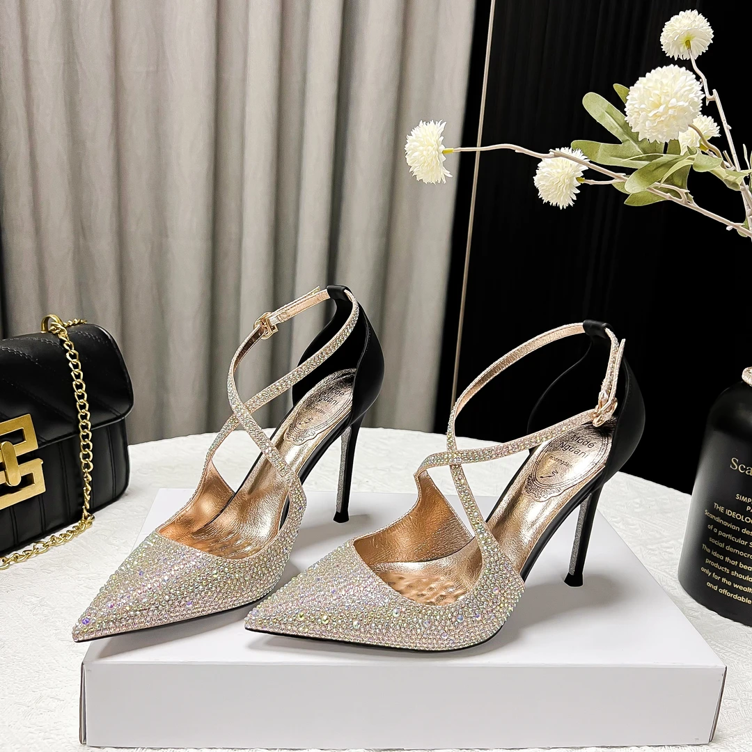 【真皮】2024夏季新款尖头中空包头凉鞋彩钻高跟鞋女细跟网红性感