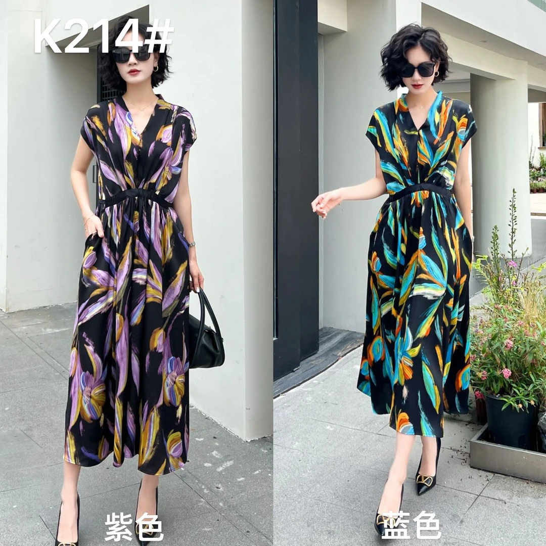 新款时尚碎花V领收腰连衣裙214#