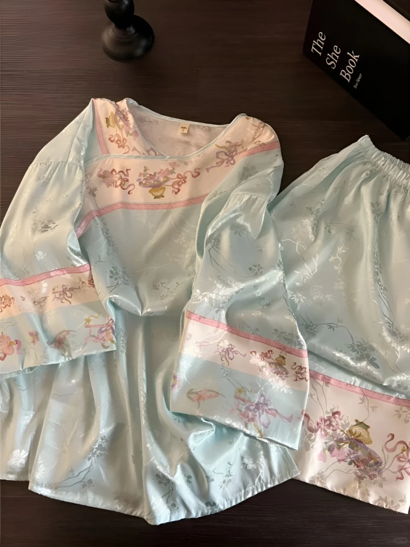 早秋新中式国风复古蓝花卉睡衣女夏季短袖长裤宽松大码家居服套装