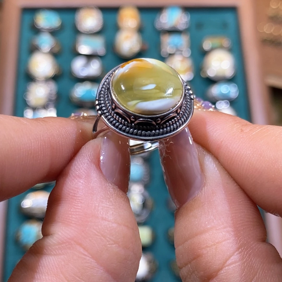 琥珀戒指银S925镶嵌6****人戒指