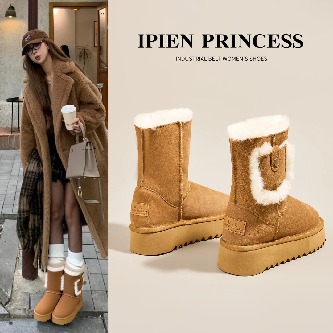 棕色毛绒翻边雪地靴女2025冬季新款厚底防滑保暖棉鞋复古百搭短靴