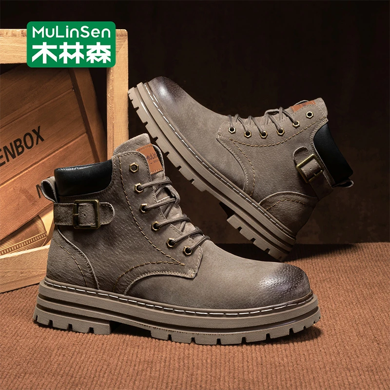 木林森男鞋2025年秋季新款户外休闲百搭英伦风高帮厚底男士马丁靴