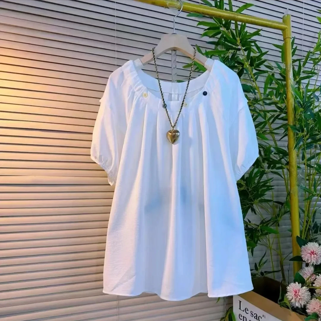 671款韩版上衣掐褶纽扣插肩袖小众设计夏季短袖衬衫