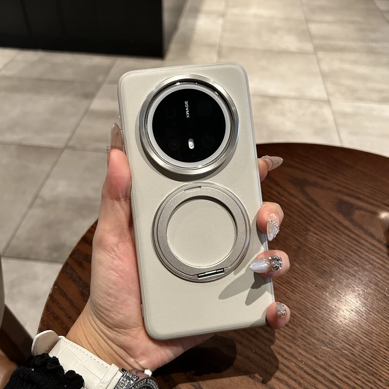 支点壳适用华为mate70pro+手机壳电镀边框素皮360度旋转磁吸支架