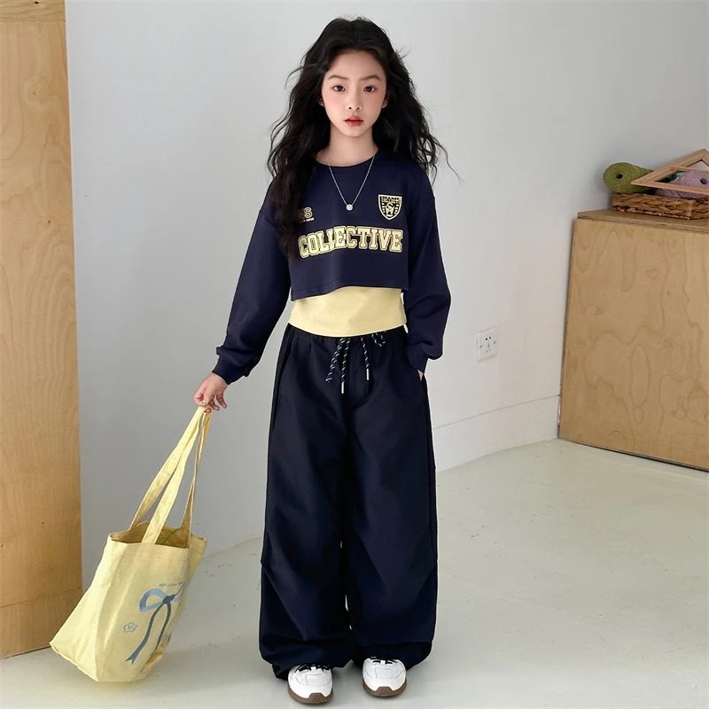 女童套装春秋装2025新款时髦女大童短款卫衣洋气休闲长裤三件套潮