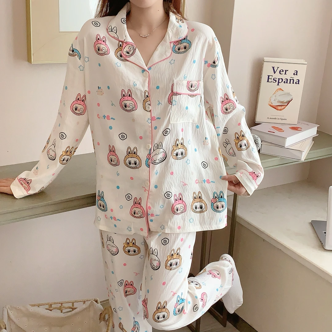 秋季新款长袖长裤睡衣女2025年翻领甜美卡通拉布布少女家居服套装