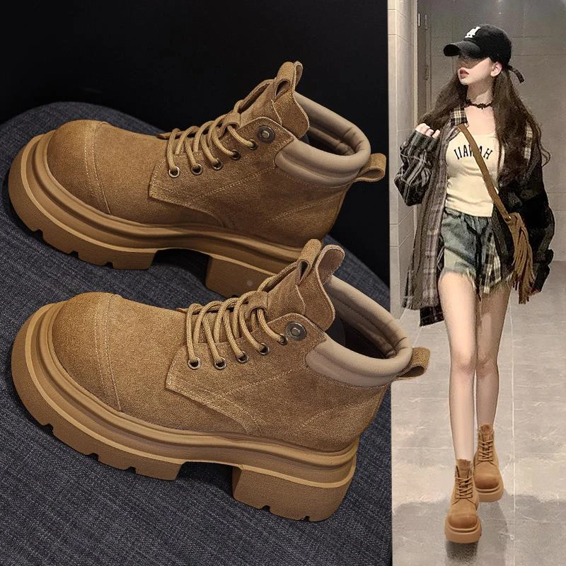 磨砂皮马丁靴女春秋季2025新款英伦风大头靴子厚底小个子增高短靴
