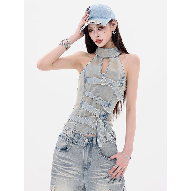 ABWEAR 热辣腔调-原创美式挂脖扣带设计牛仔背心女收腰无袖上衣