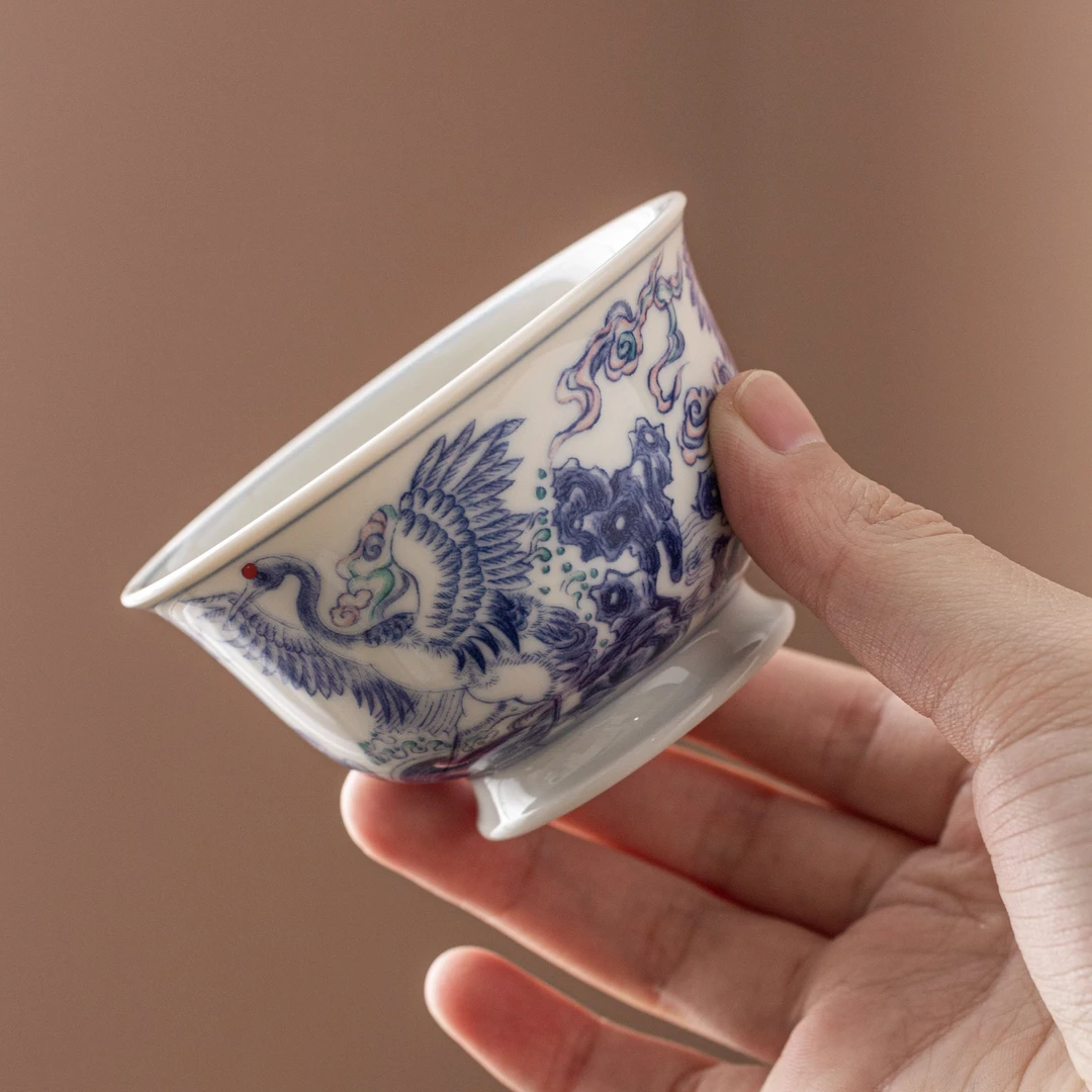 （仓播）复古青花仙鹤压手杯-景德（简装）