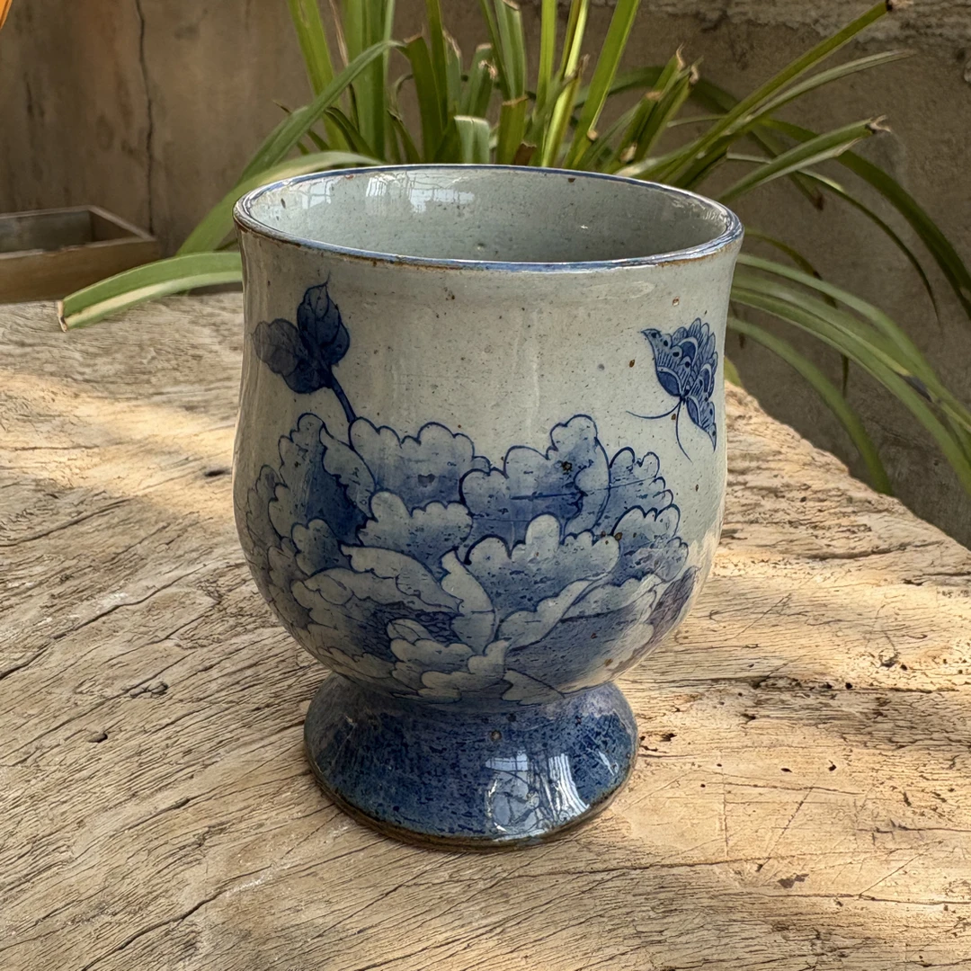 【近山古美】牡丹蝴蝶高足杯手工手绘釉下彩高温瓷