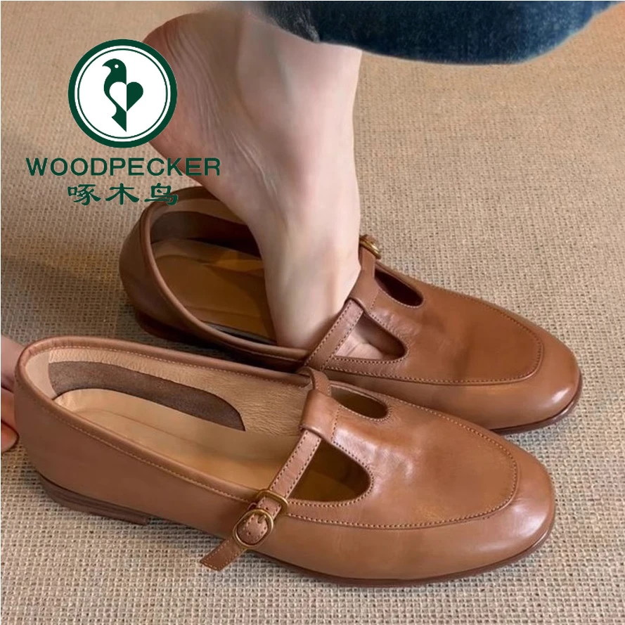 啄木鸟复古软皮玛丽珍小皮鞋女2025新款百搭乐福鞋平底浅口单鞋子