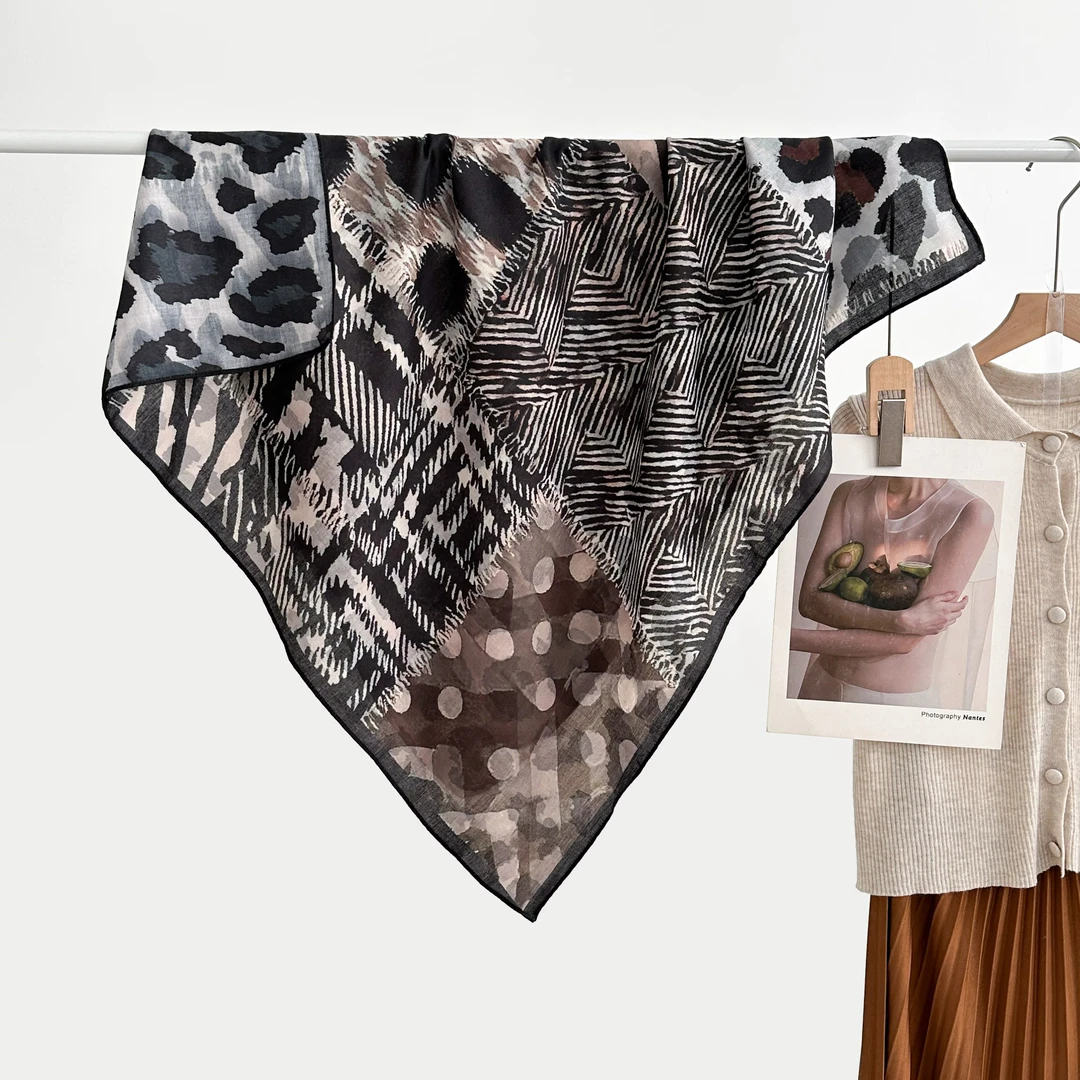 【豹纹拼接】85*85秋冬新款双面方巾百搭洋气氛围感护颈亲子围巾