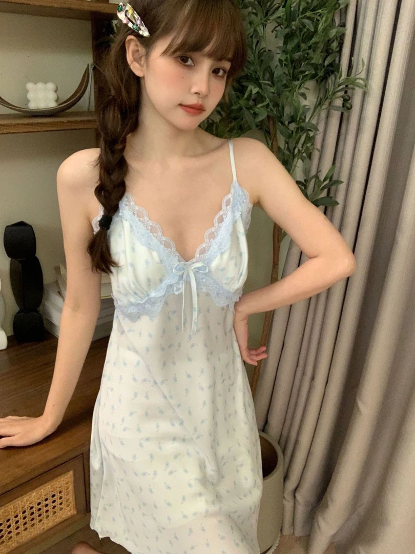 绝美性感睡衣女款纯欲风冰丝蕾丝吊带睡裙夏季御姐带胸垫情调睡裙