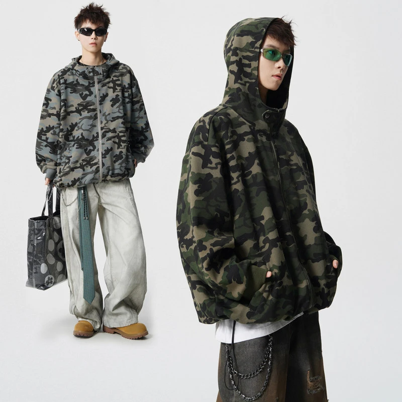 抽绳迷彩卫衣秋冬情侣开衫外套中性风休闲百搭港风上衣痞帅高级感