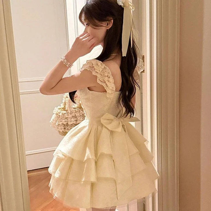 超仙蝴蝶结小飞袖公主蓬蓬裙夏季新款甜美初恋收腰显瘦短裙辣妹