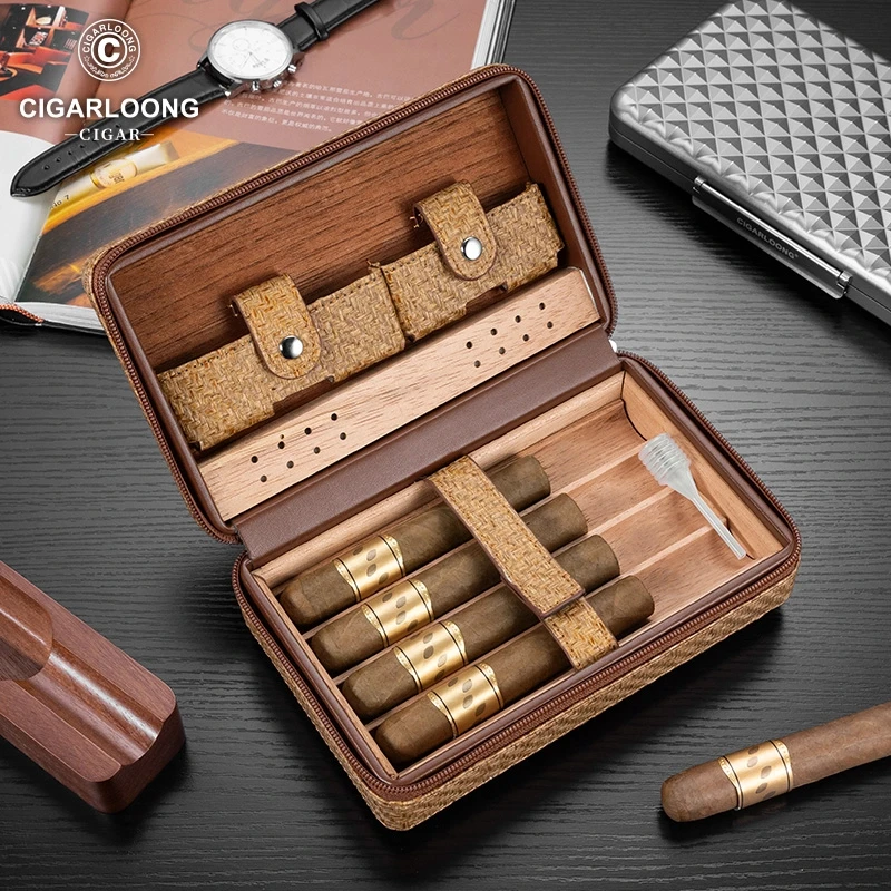 茄龙便携雪松木皮质雪茄盒保湿雪茄套带防风打火机CA-25A