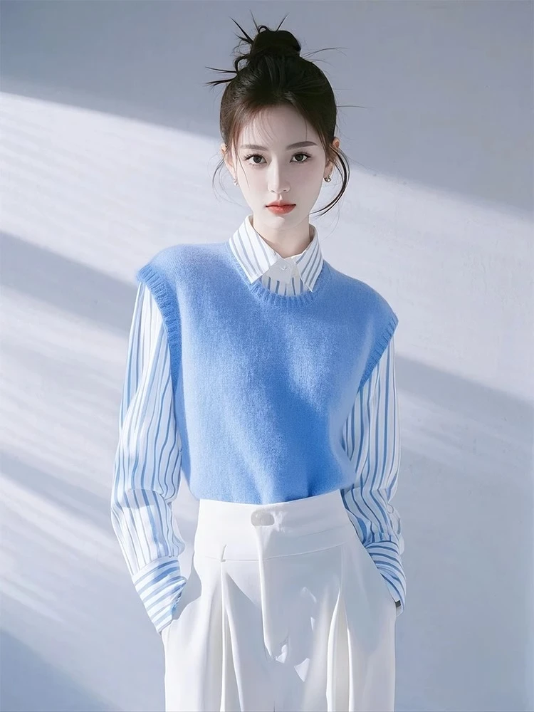 今年爆款假两件蓝色条纹衬衫女2025早春新款内搭叠穿长袖针织上衣
