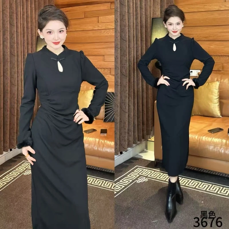 Saeda女装中式风袖羽毛连衣裙YF3676