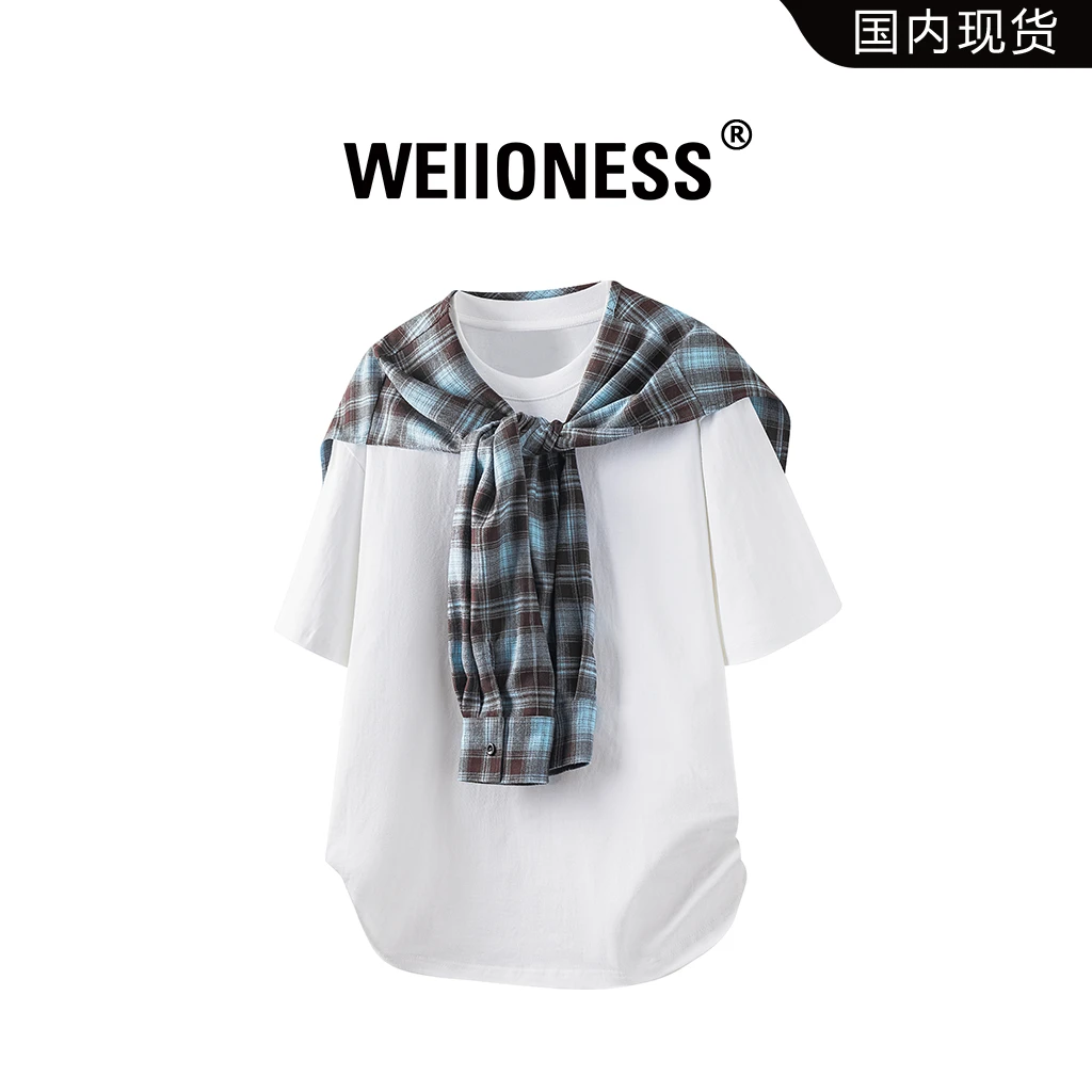 WEIIONESS潮牌美式拼接打结格子假两件短袖2025新款宽松纯棉T恤男