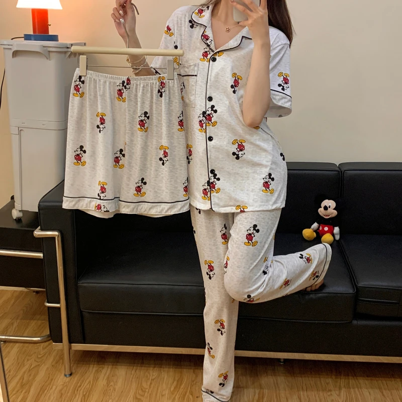 凉感莫代尔睡衣女春秋季短袖长裤卡通米奇夏款短裤家居服三件套
