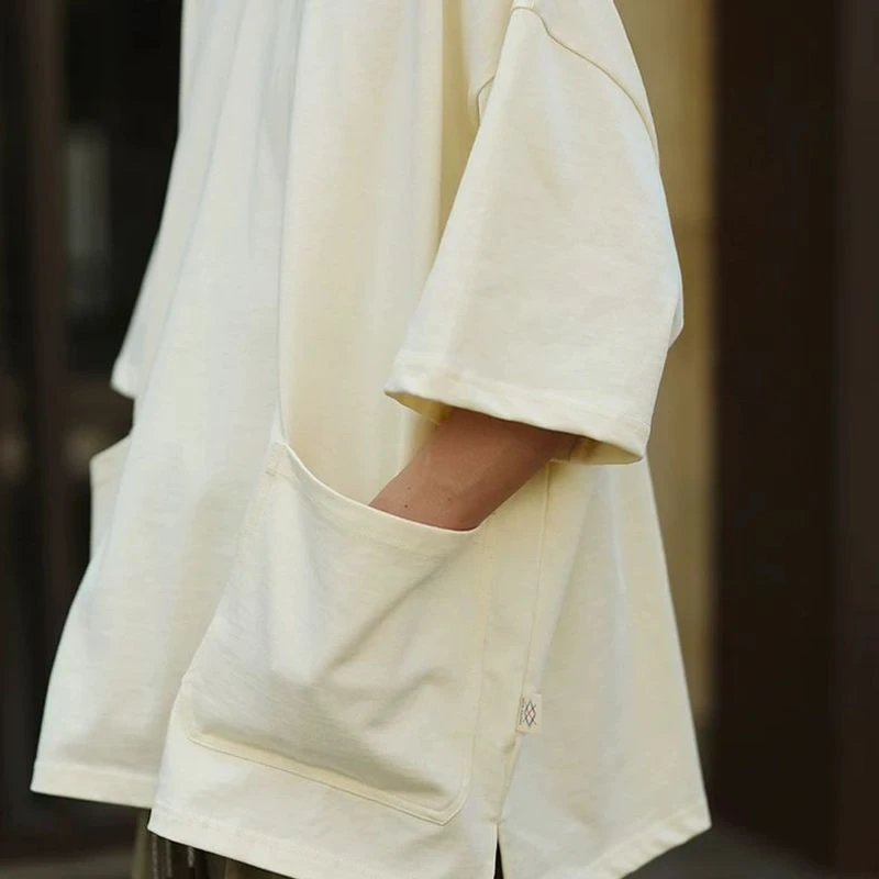 日式复古大阔版短袖tee蝙蝠袖大口袋t恤男夏大码300斤休闲上衣服