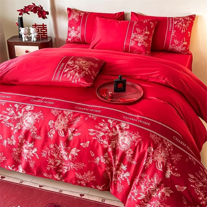 婚庆四件套床上用品新婚夏天红色喜庆婚嫁喜被子轻奢水洗冰丝被套