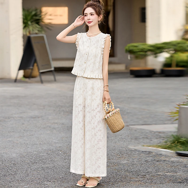 休闲真丝套装女2025夏季新款时尚显瘦减龄无袖上衣阔腿裤薄两件套