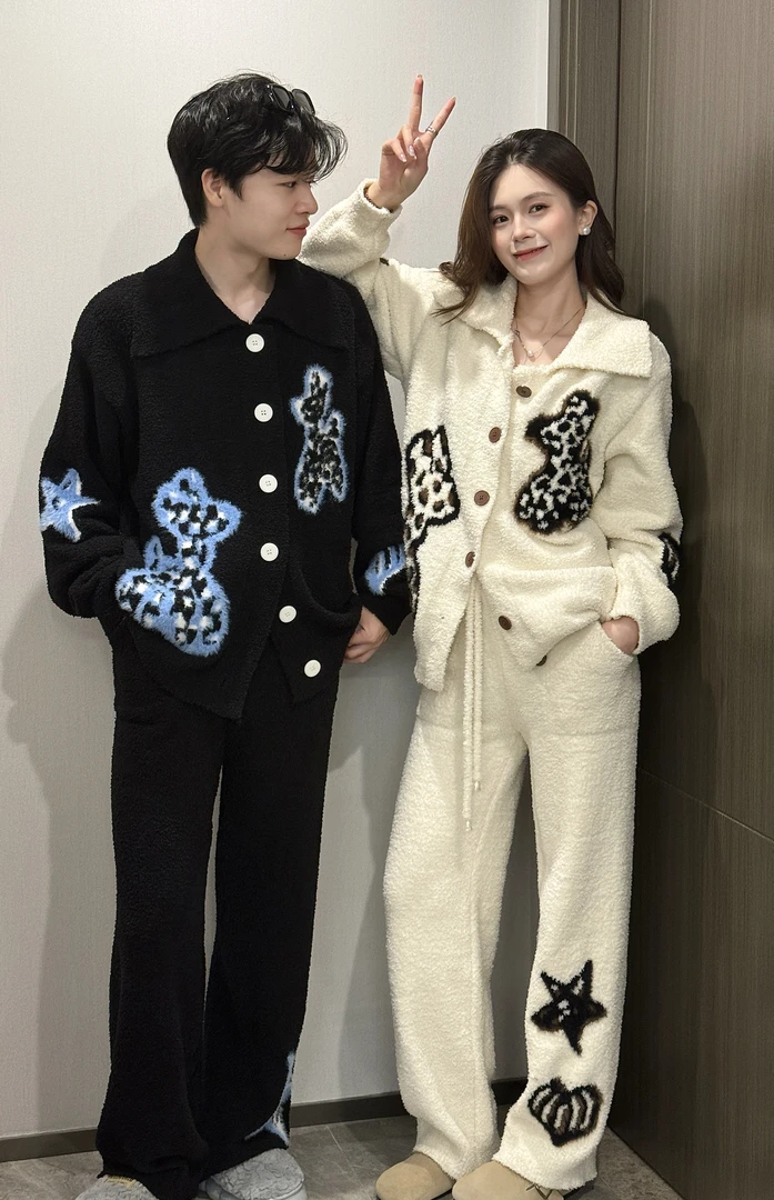 2025秋季斑点狗慵懒风休闲加厚半边绒家居服套装女可外穿