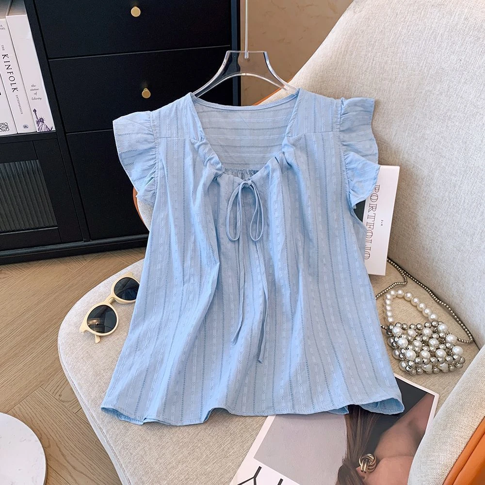 高级时尚简约百搭女装蓝色小飞袖衬衫女夏季法式抽绳系带别致上衣