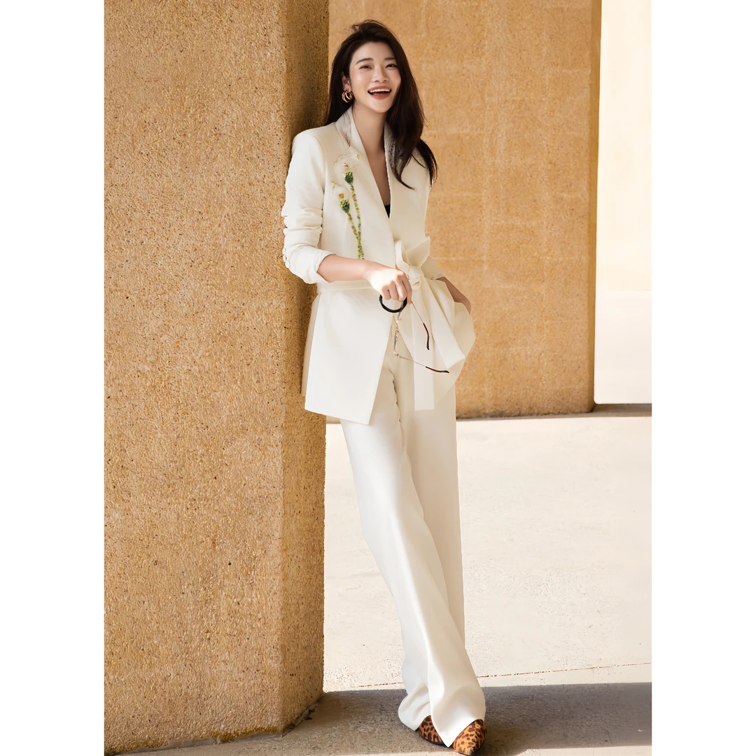 ZEROYK新中式国风职业女装高级感立体花系带西装阔腿裤通勤两件套