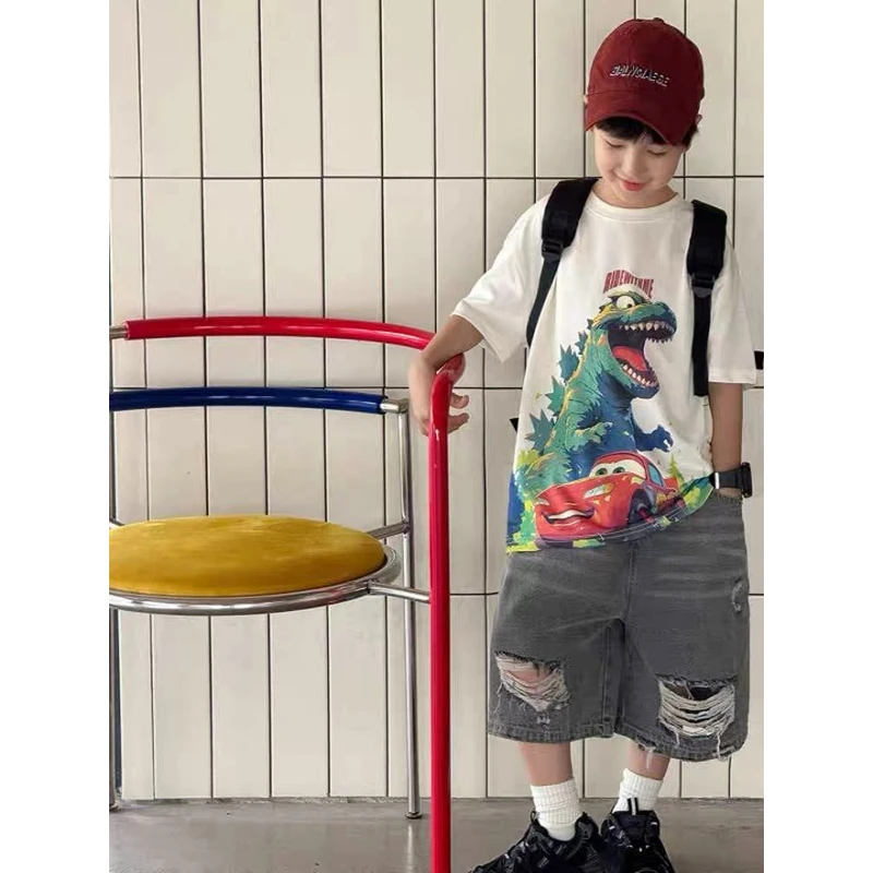 鹿小生童装夏季男童韩版百搭时尚潮流宽松儿童圆领短袖 C88910