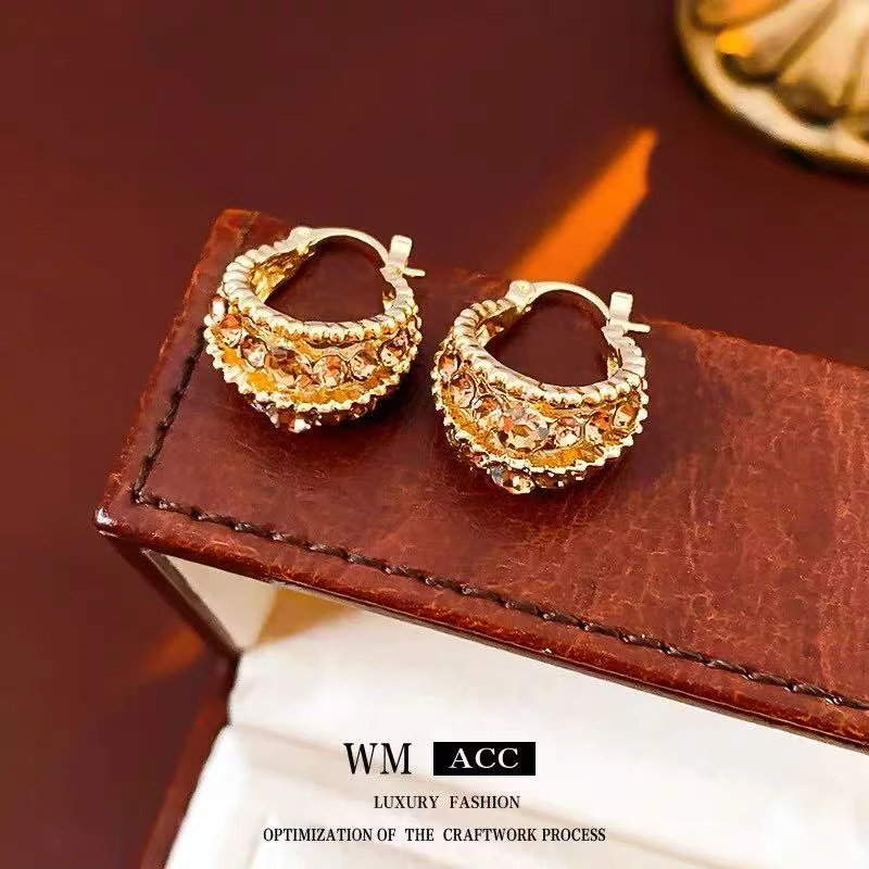 铜合金锆石耳饰 圆弧篮子耳扣小众轻奢简约耳环百搭高级感欧美