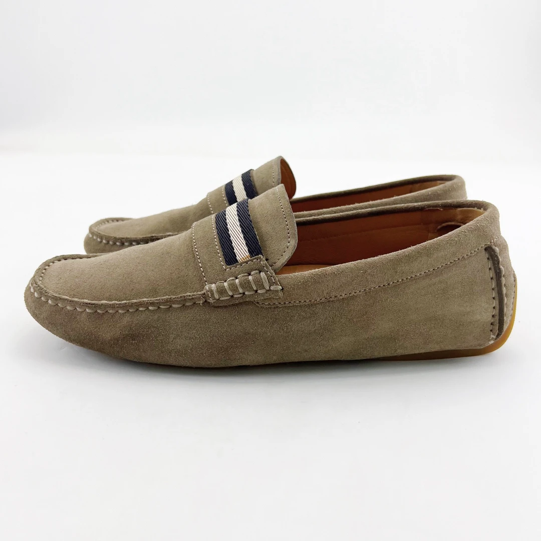 95新 BALLY/巴利 40码/浅棕色麂皮黑白条纹一脚蹬豆豆鞋/15866330