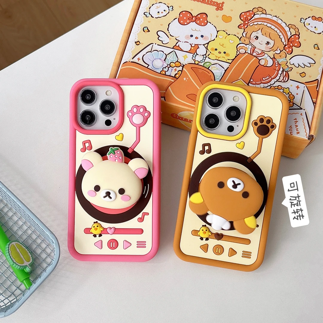 苹果|旋转唱片机轻松熊支架可爱ins适用iPhone16女款软硅胶手机壳