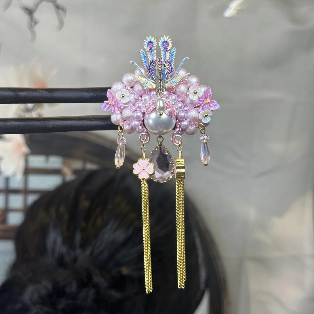 F037原创《桃夭》天然紫光黑檀木手工气质新中式复古古典百搭日常