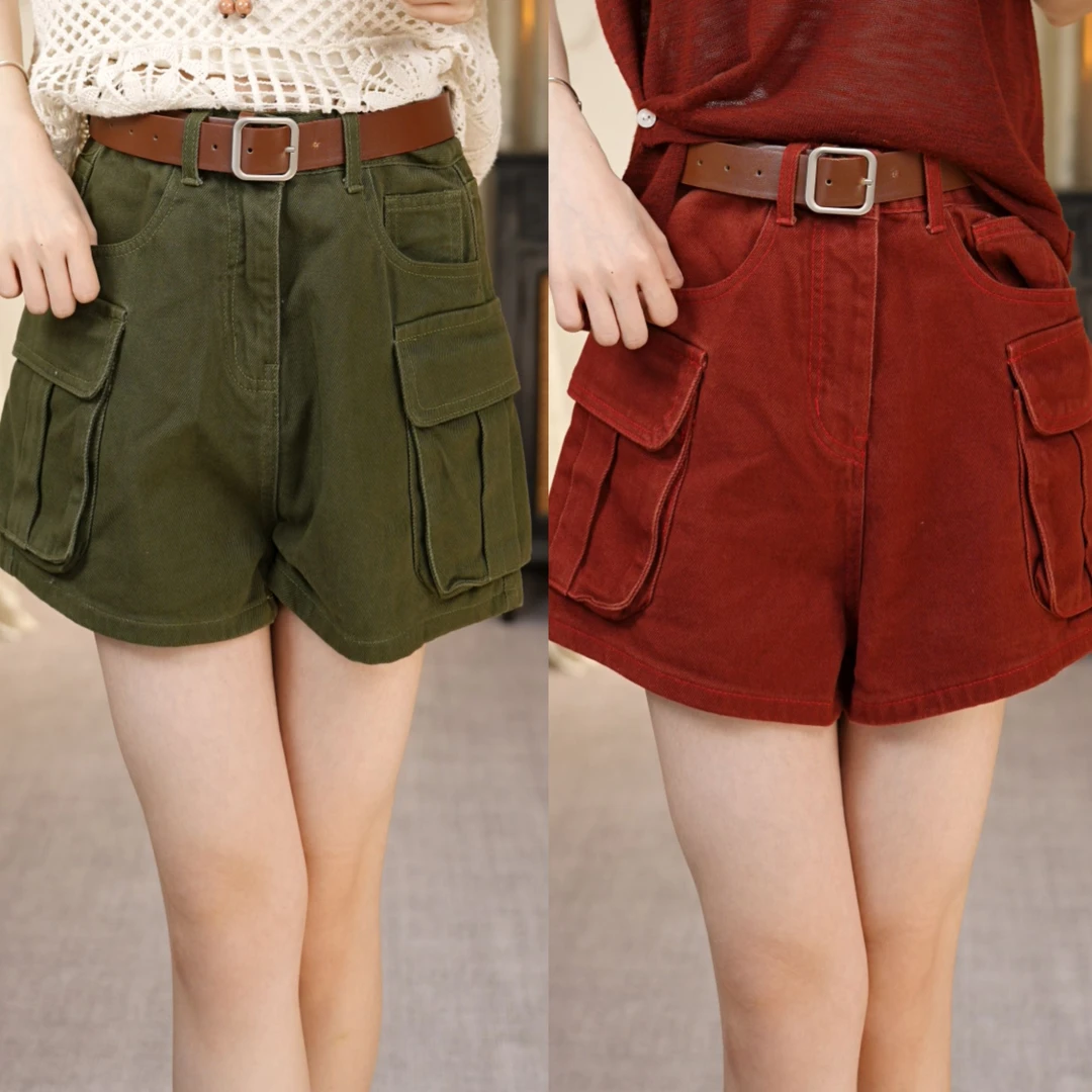 广州唐乐乐～新款牛仔工装短裤休闲A字阔腿裤口袋小众设计感BF0056