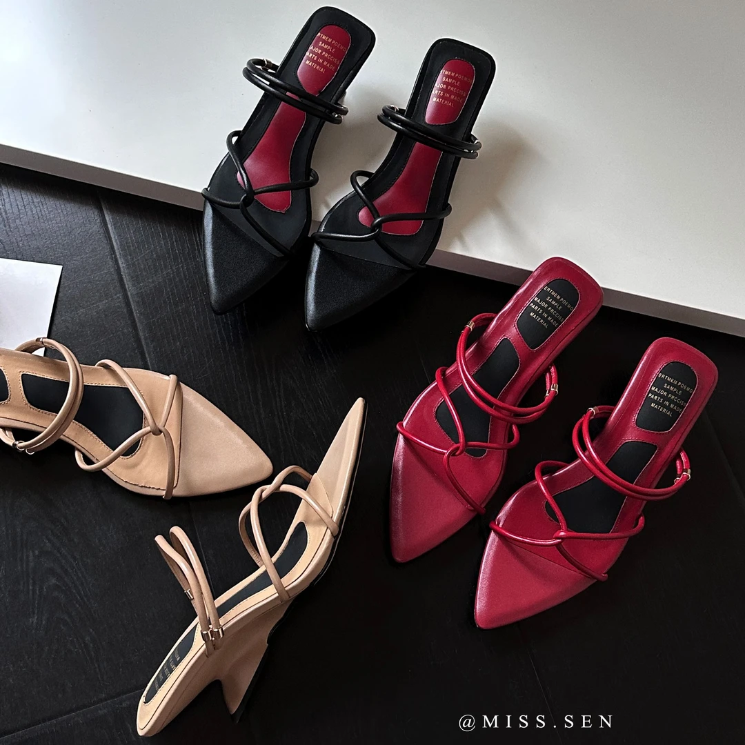 5cm牛皮细带组合韩版罗马鞋露趾时装凉鞋气质百搭尖头凉鞋女